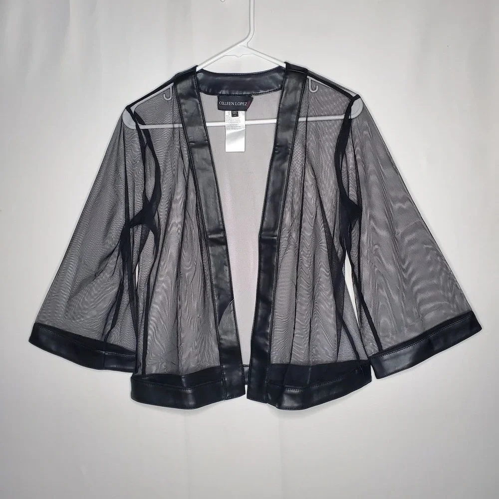 Colleen Lopez Sheer Mesh Faux‎ Leather Cardigan Small Black Edgy Artsy Witchy